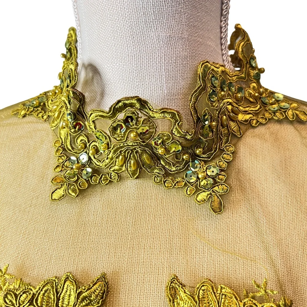 #A048   FT INC Olive Green Embroidered Mesh Top with High Neck, Sequins, XL - Picture 5 of 12